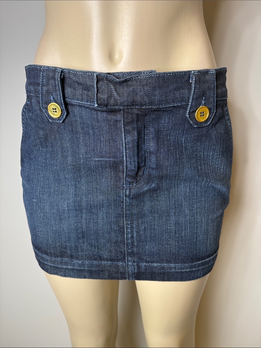 Anlo Dark Denim Mini Skirt with brass Button Accents